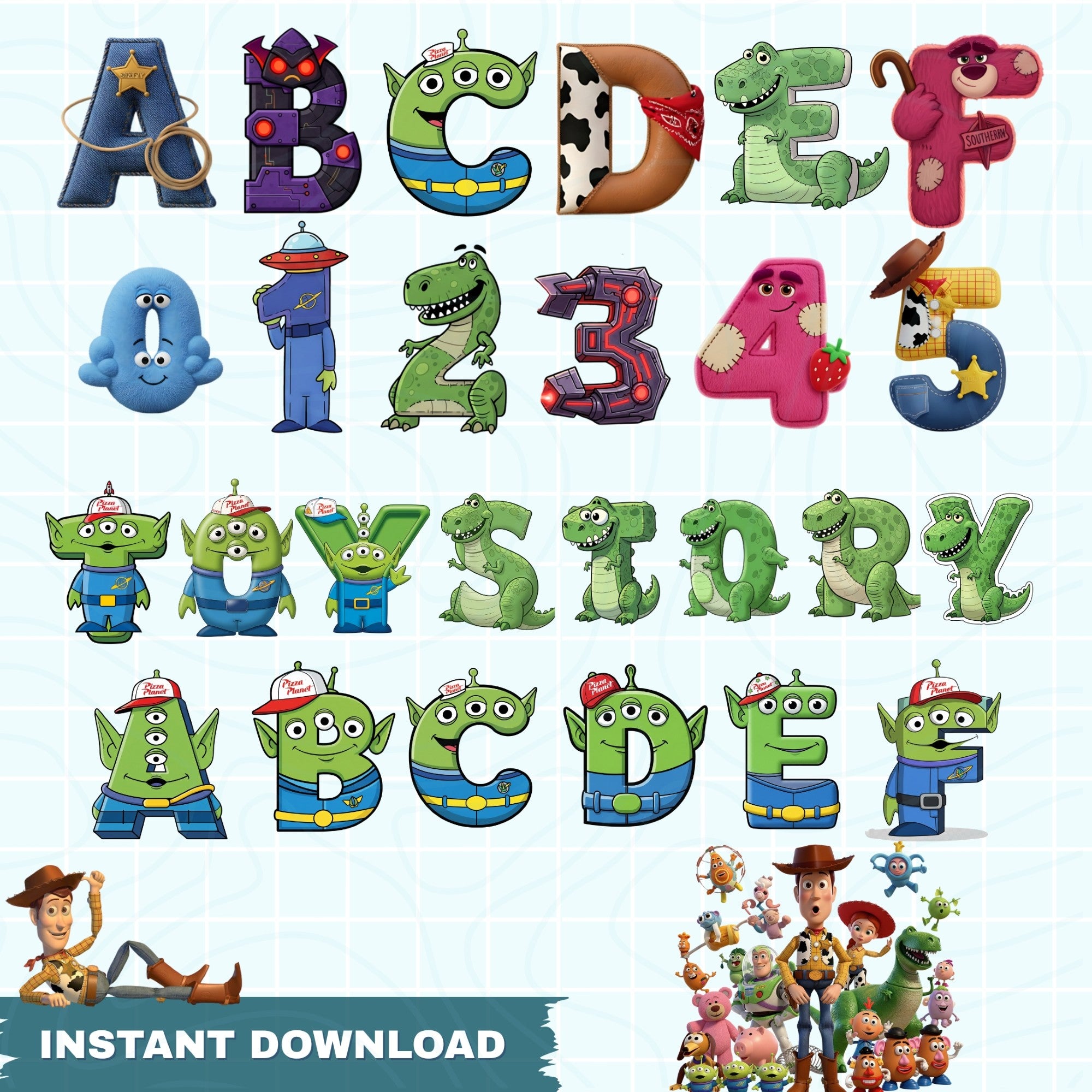 Toy Story Alphabet & Numbers PNG | 100+ Sublimation Designs