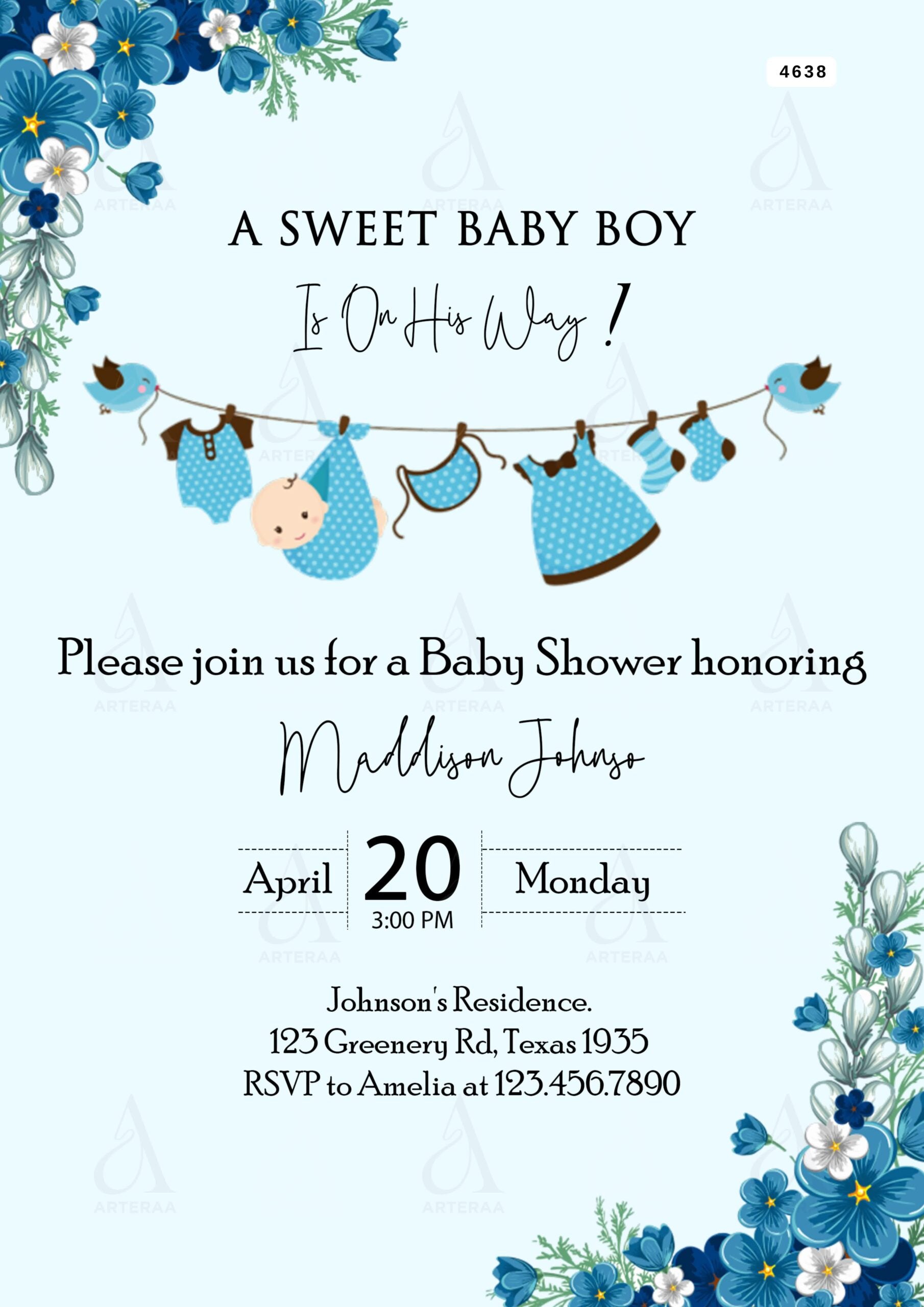 Baby Shower invitation card Editable Canva Template in english language with floral theme design 4638