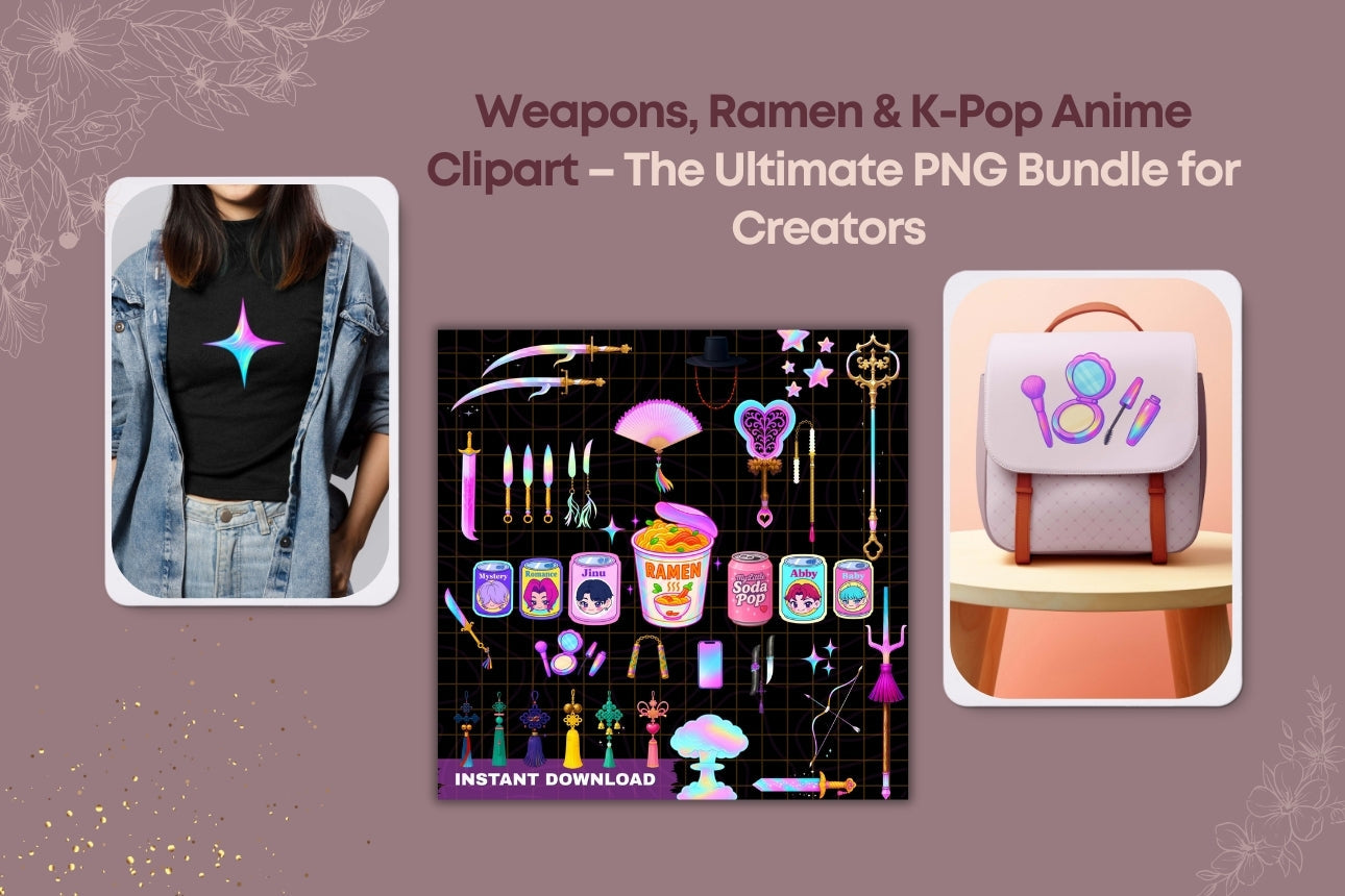 Weapons, Ramen & K-Pop Anime Clipart – The Ultimate PNG Bundle for Creators 🎌✨