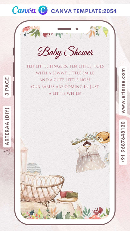 Baby Shower ceremony invitation Canva Editable video Template in english language with birds, hands as vintage theme design 2054