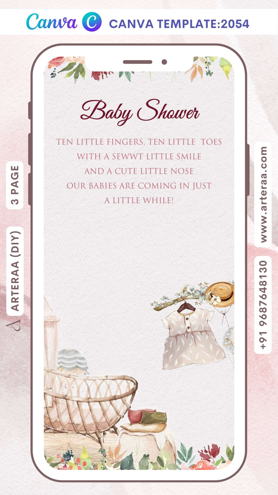 Baby Shower ceremony invitation Canva Editable video Template in english language with birds, hands as vintage theme design 2054