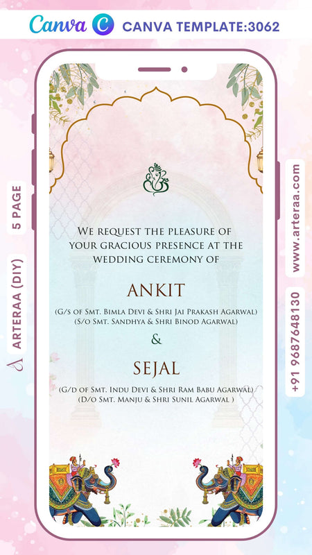 Wedding ceremony invitation Canva Editable video Template of hindu gujarati patel family in English language with Arch theme design 3062