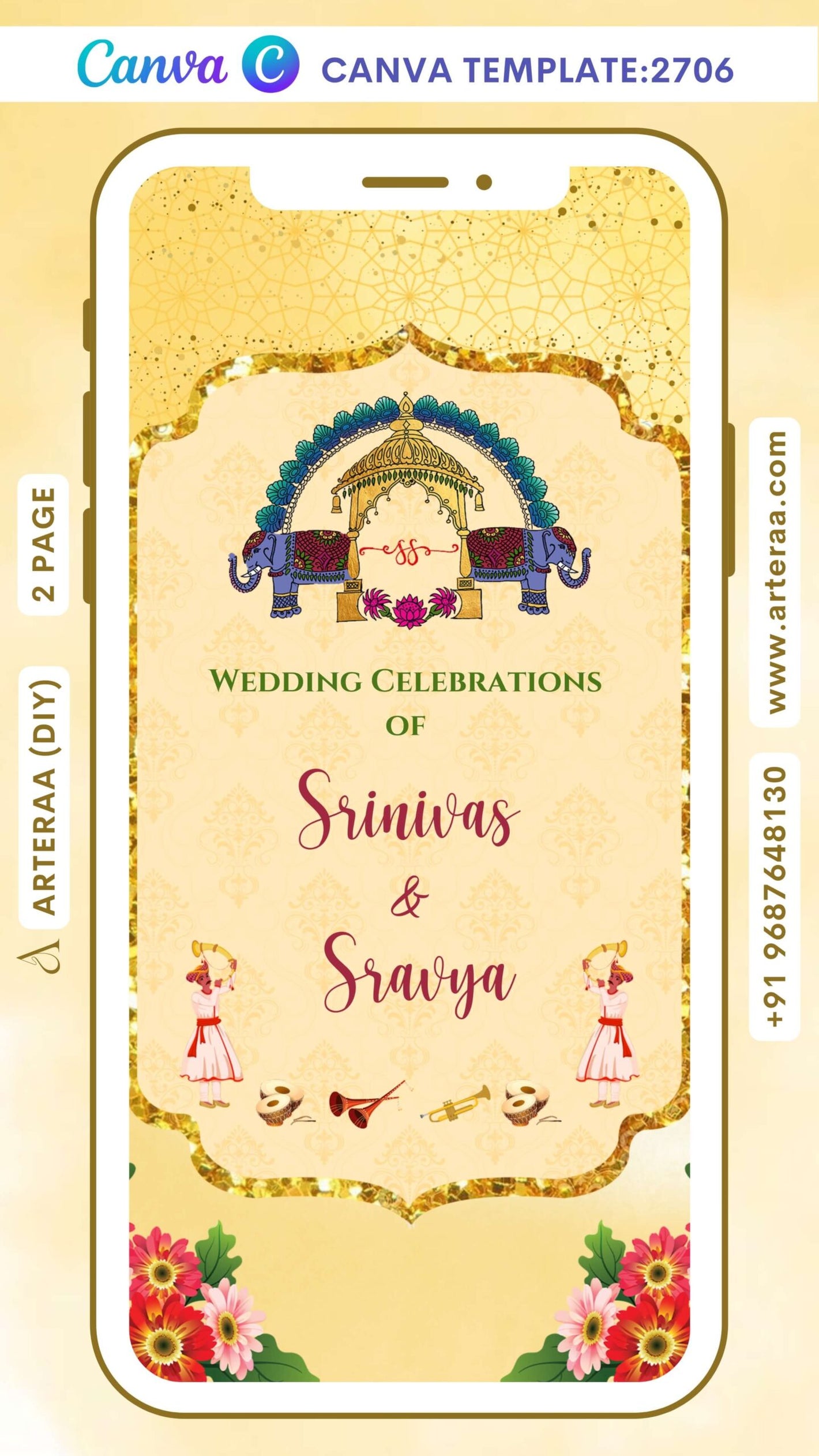 Haldi ceremony invitation Canva Editable video Template in english language with flowers, doodle,bells as traditional theme design 2706