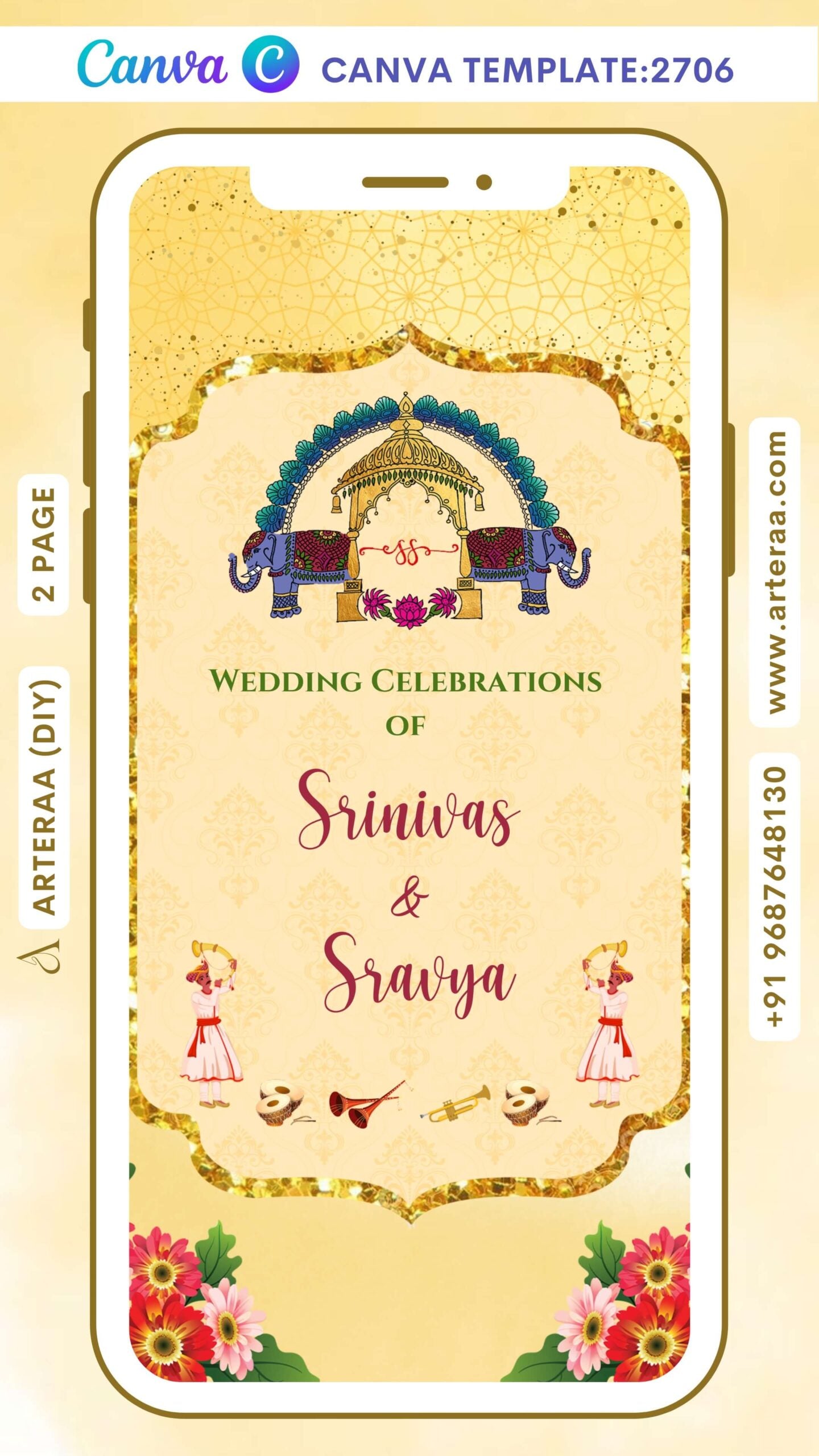 Haldi ceremony invitation Canva Editable video Template in english language with flowers, doodle,bells as traditional theme design 2706