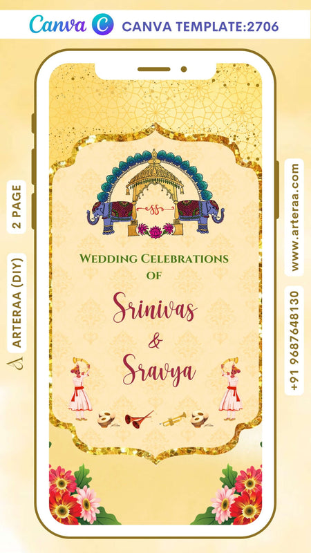 Haldi ceremony invitation Canva Editable video Template in english language with flowers, doodle,bells as traditional theme design 2706
