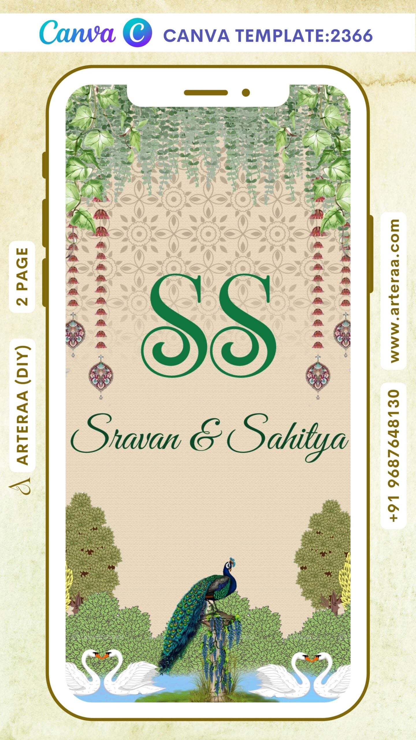 Wedding ceremony invitation Canva Editable video Template of hindu south indian telugu family in English language with Traditional theme design 2366