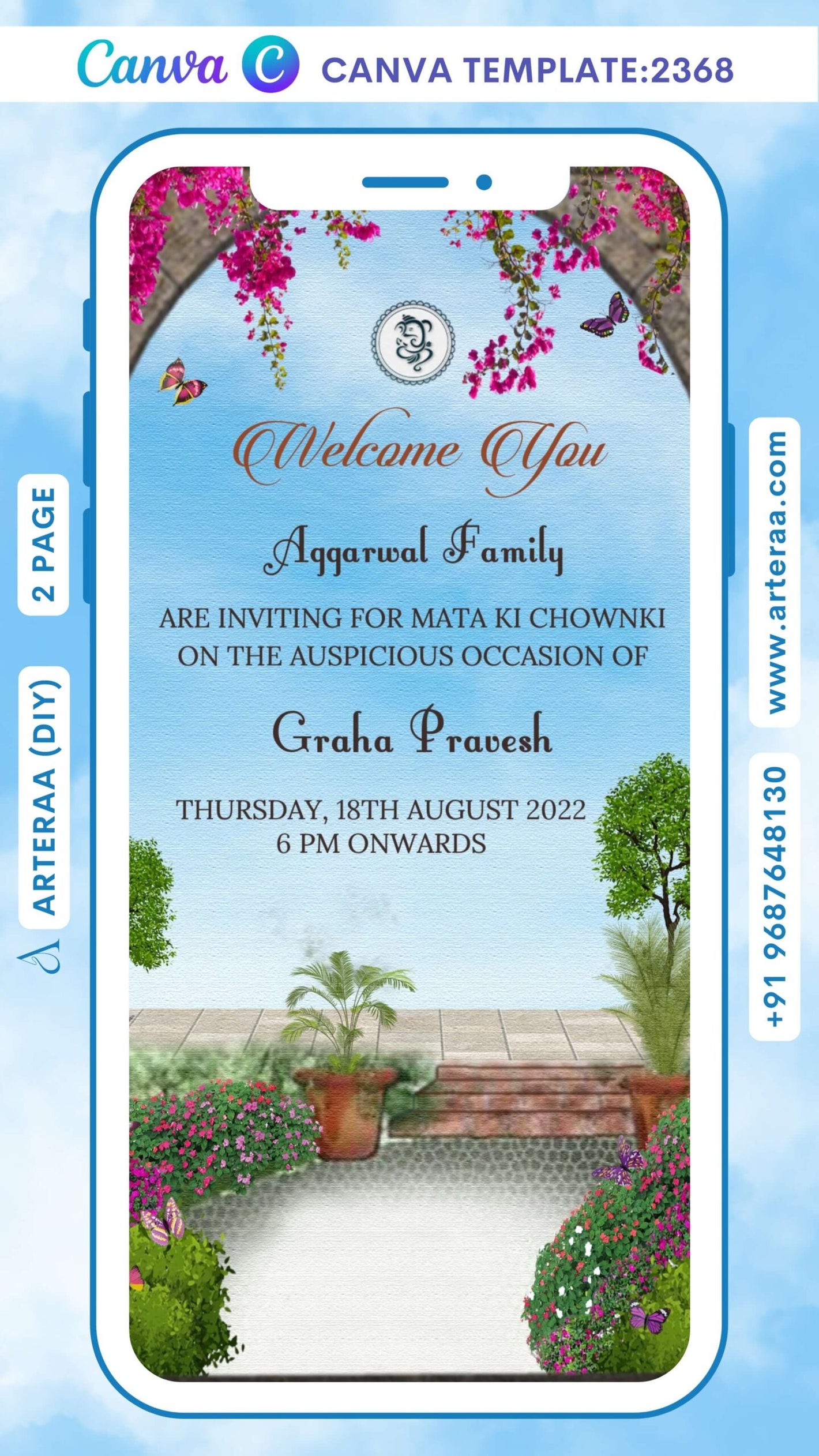 House Warming ceremony invitation Canva Editable video Template in english language with gate, flowers as classic theme design 2368