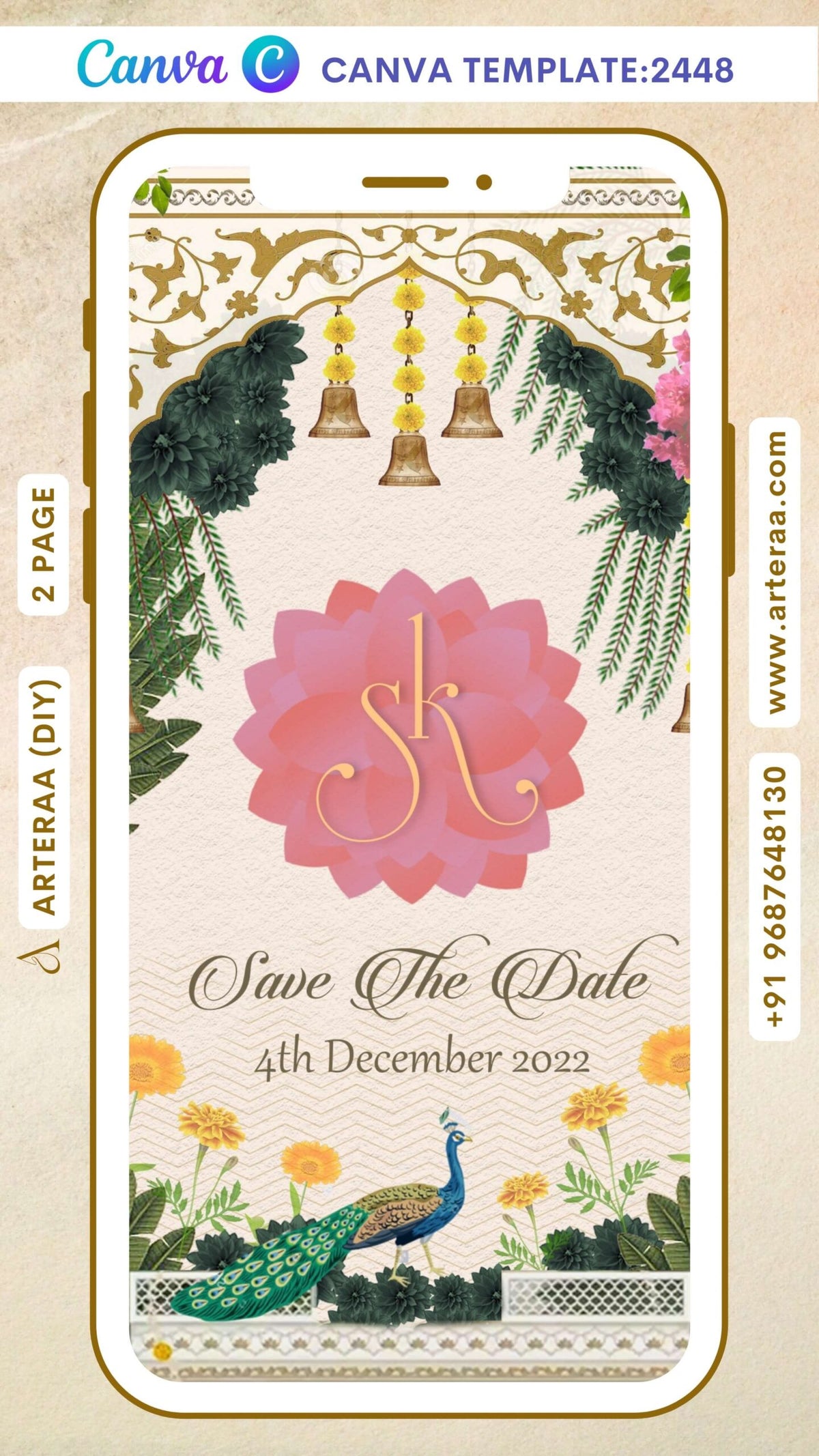 Save the Date Canva Editable video Template in english language with peacock as traditional theme design 2448