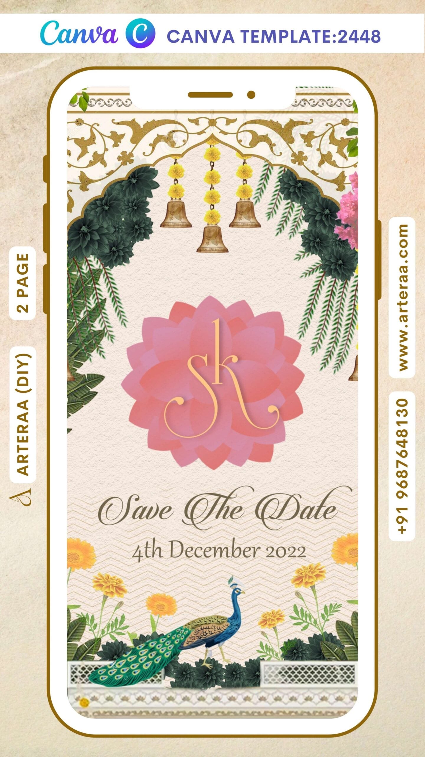Save the Date Canva Editable video Template in english language with peacock as traditional theme design 2448