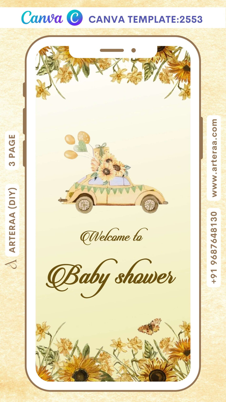 Baby Shower ceremony invitation Canva Editable video Template in english language with flowers as floral theme design 2553