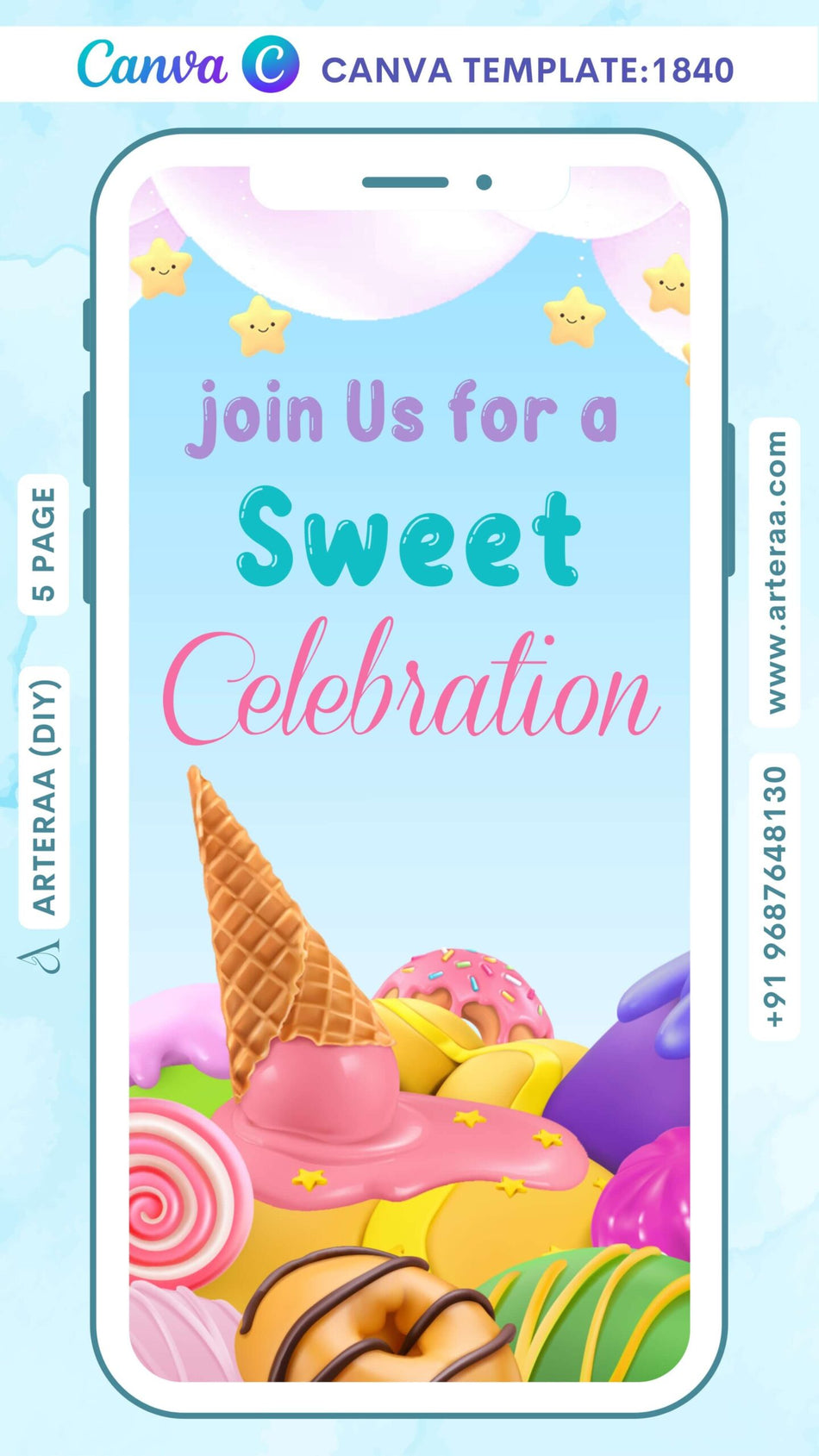 Birthday party invitation Canva Editable video Template in english language with cake as candy theme design 1840