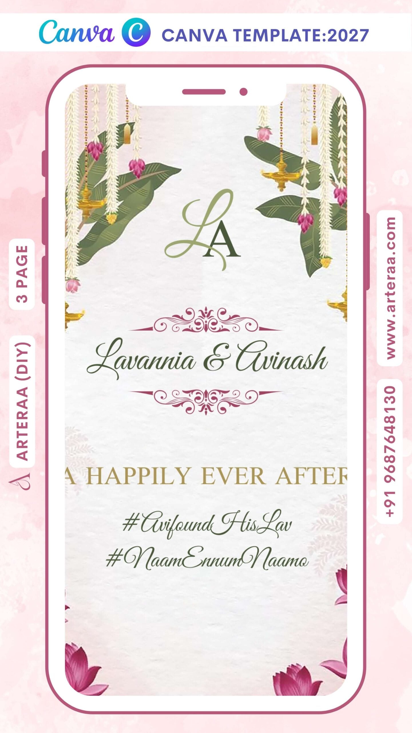 Engagement ceremony invitation Canva Editable video Template in english language with banana leaves, elephant as traditional theme design 2027
