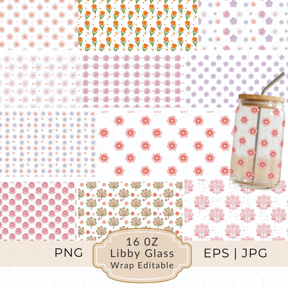 16oz Libby Glass Wrap Bundle, Floral Tumbler Wrap PNG EPS JPG, Boho Flower Pattern Sublimation Design, Cute Aesthetic Wrap, Instant Download A 1414