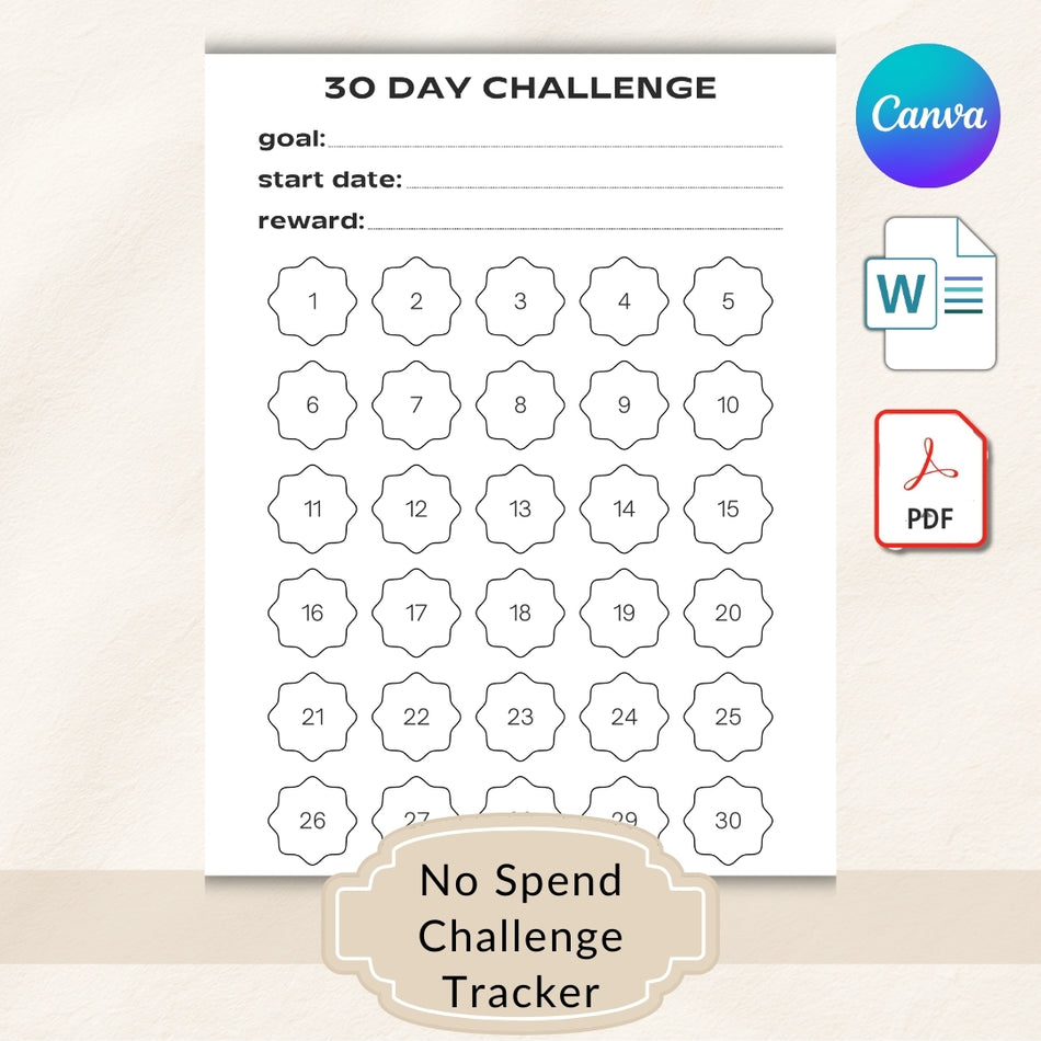 30 Day No Spend Challenge Printable, Budget Savings Tracker, Monthly Money Saving Planner, Editable Canva Template A4 US Letter A 1086