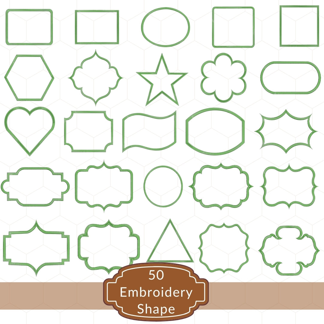 Collection of green embroidery shapes on a white background with a brown banner indicating '50 Embroidery Shapes'.