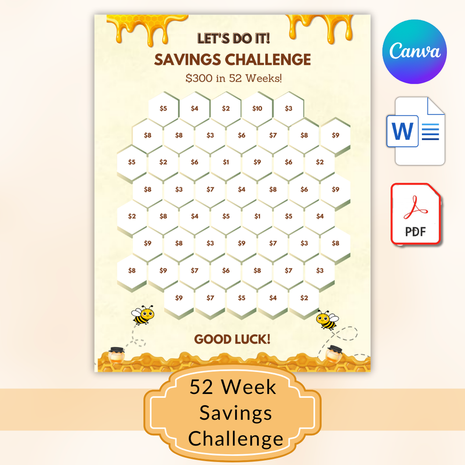 52 Week Savings Challenge Printable, 262 Money Saving Tracker, Honey Bee Savings Chart, Budget Planner PDF, Editable Canva Template A 1074