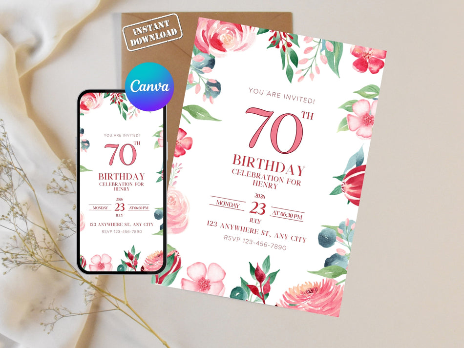 70th Birthday Invitation, Floral Birthday Invitation, Editable Invitation Template, Canva Instant Download, Customizable Party Invitation A 1370