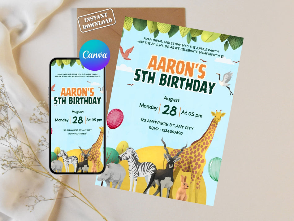 Aaron’s 5th Birthday Invitation Safari Theme | Jungle Animal Party Invite | Editable Canva Birthday Invitation | Kids Party Download A 1253