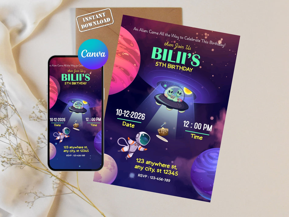 Alien Space Birthday Invitation, Astronaut and Alien Party, Space Party Invitation, Instant Download, Editable Canva File A 1232