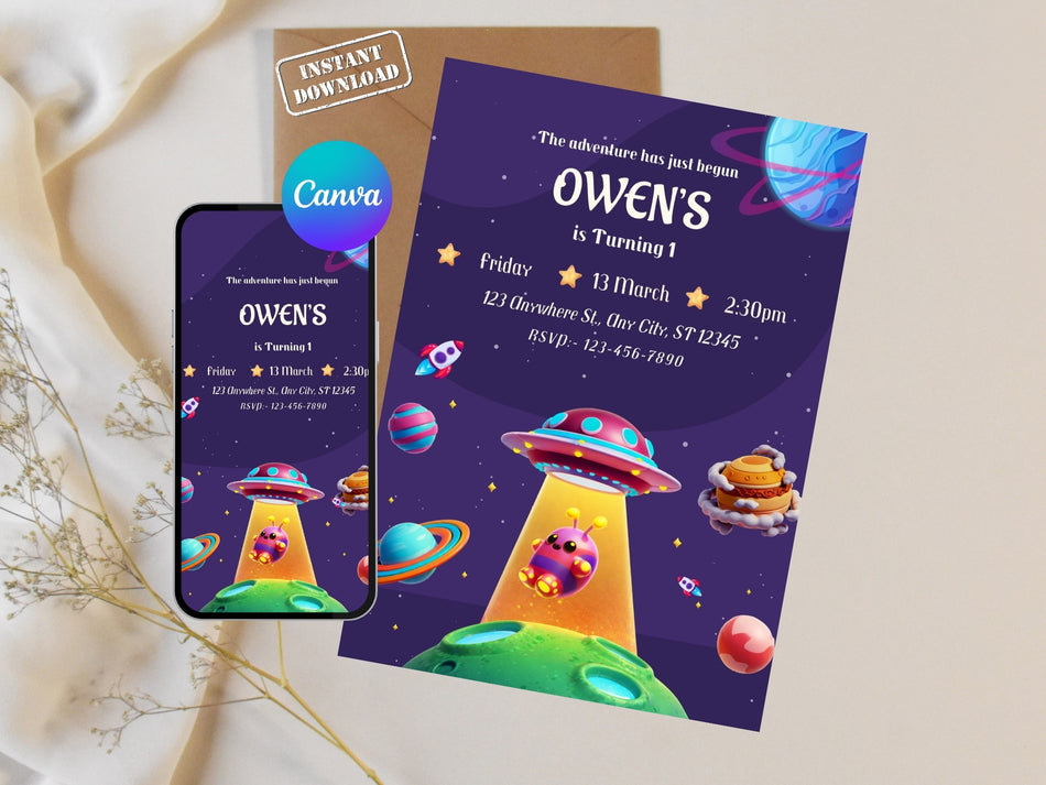 Alien Space Birthday Invitation Canva Editable, Galaxy Party Invite, Kids Space Theme Birthday Card, Instant Download Printable A 1225
