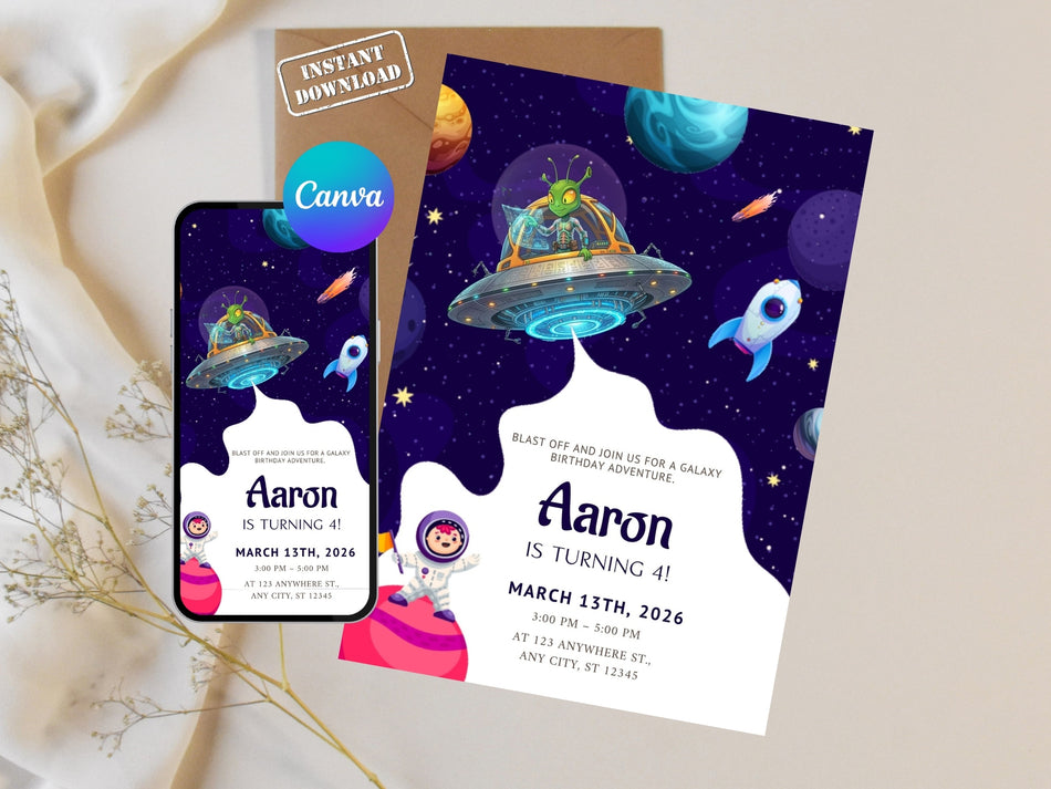 Alien Space Birthday Invitation Canva Template, Galaxy Party Invite, UFO Astronaut Kids Birthday Invite, Editable Digital Download A 1224