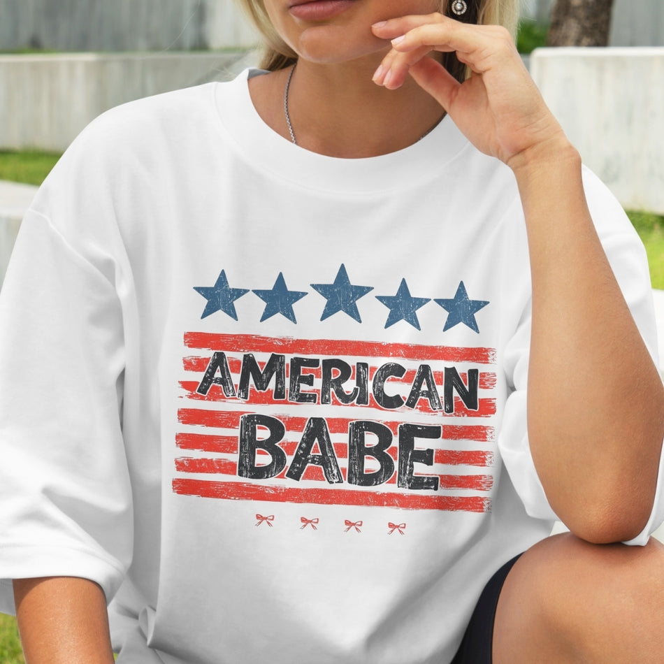 American Babe T-Shirt, 4th of July Shirt, Retro USA Stars Tee, Vintage Coquette Bow, Red White and Blue Memorial Day dtf Sublimation A1442