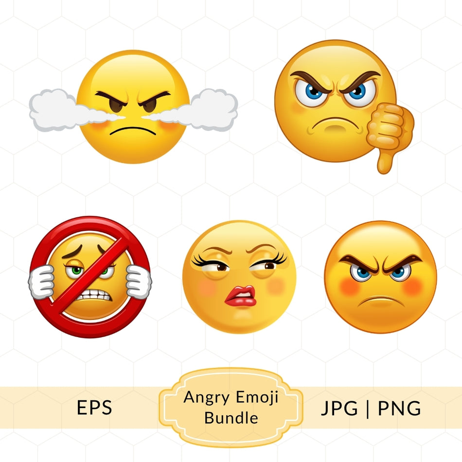 Angry Emoji Bundle, Expressive Emotions Clipart, Funny Angry Faces, EPS PNG JPG Files for Digital Use A 1397