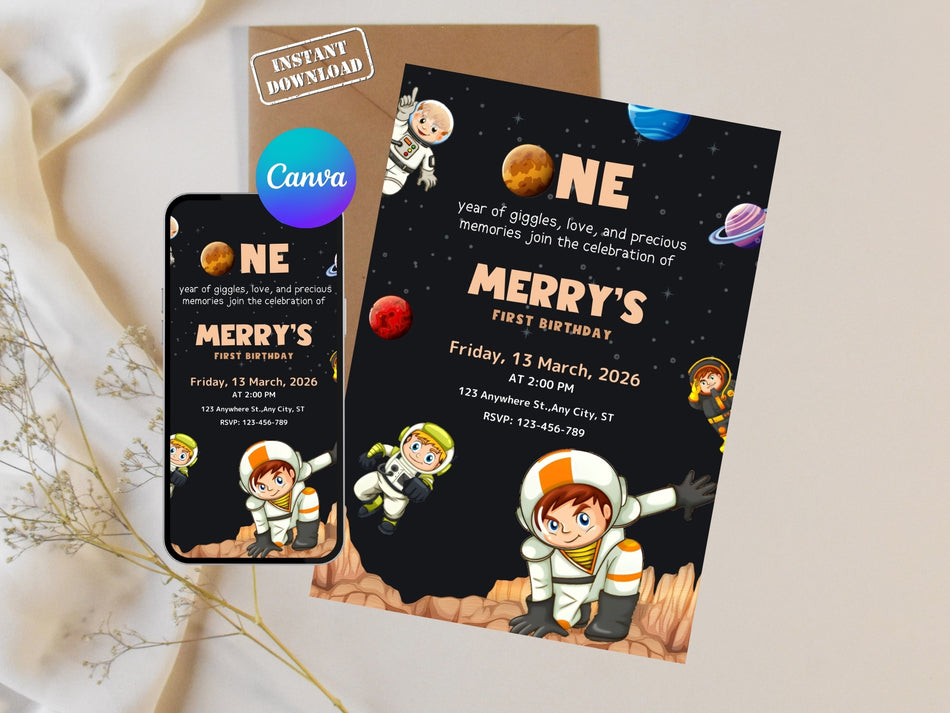 Astronaut First Birthday Invitation, Space Theme Birthday Party Invite, Kids Birthday Printable, Instant Download, Canva Template A 1222