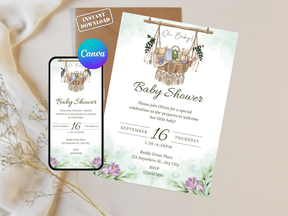 Boho Baby Shower Invitation Template Watercolor Macrame Neutral Earthy Canva Editable Floral Pampas Printable Rustic Party Invite A 1421
