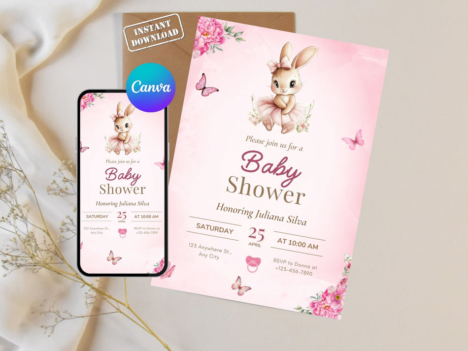 Baby Shower Invitation Template, Cute Bunny Baby Shower Invite, Pink Floral Baby Shower, Editable Canva Invitation, Instant Download A 1391