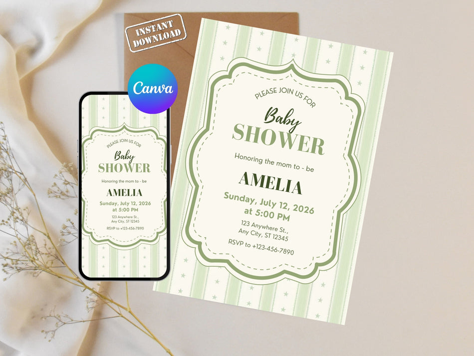 Baby Shower Invitation Template, Editable Canva Invite, Green theme Baby Shower Card, Printable Baby Shower Invite, Instant Download A 1424