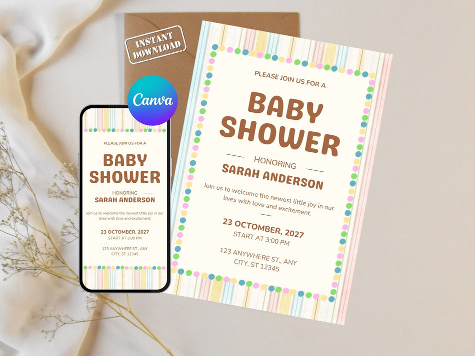 Baby Shower Invitation Template, Editable Canva Invite, Colorful Baby Shower Card, Printable Baby Shower Invite, Instant Download A 1427