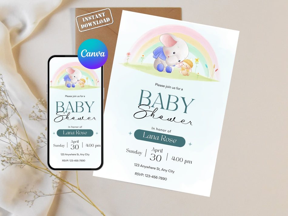 Baby Shower Invitation Template, Rainbow Baby Shower Invite, Cute Elephant Baby Shower, Editable Canva Invitation, Instant Download A 1390