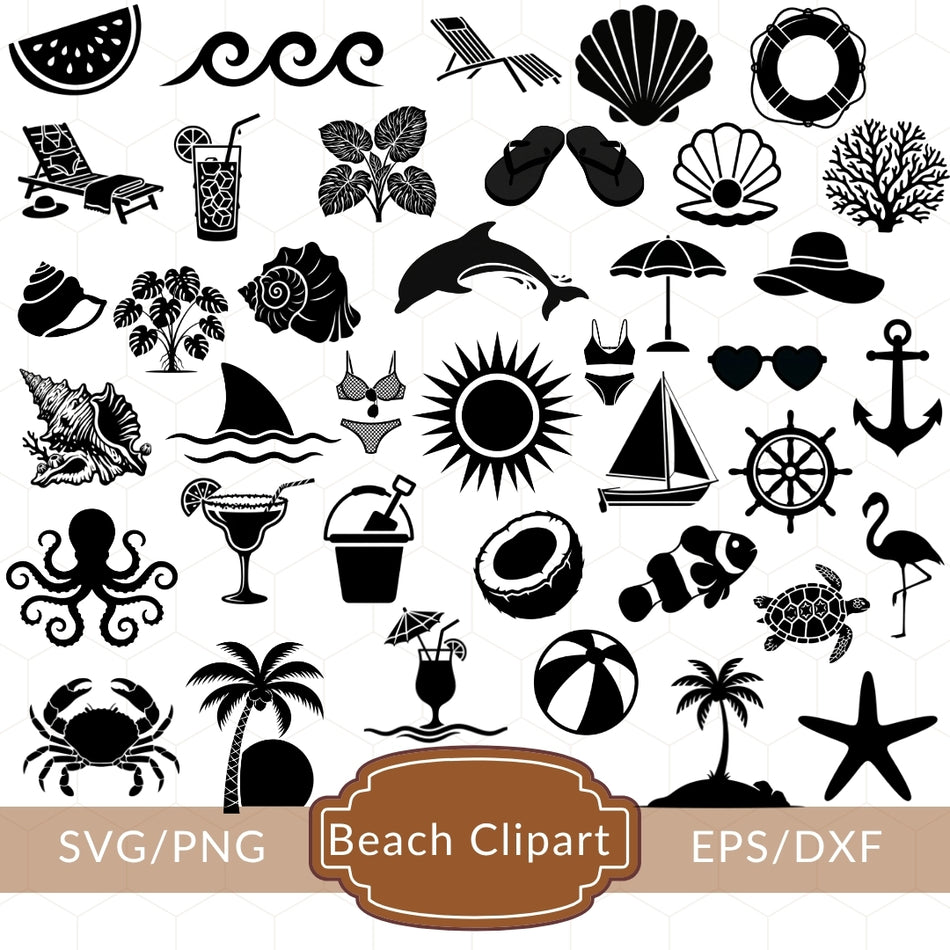 Beach Clipart Bundle SVG, PNG, DXF, Summer Icons Set, Tropical Elements, Ocean Graphics, Cricut Cut Files, Silhouette Design A 1327
