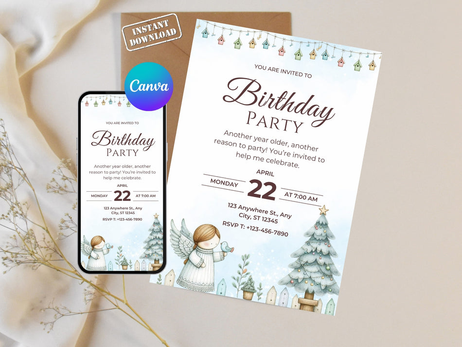 Birthday Party Invitation, Angel Themed Birthday Invite, Editable Digital Invite, Instant Download, Cute Party Invitation, Canva Template A 1365