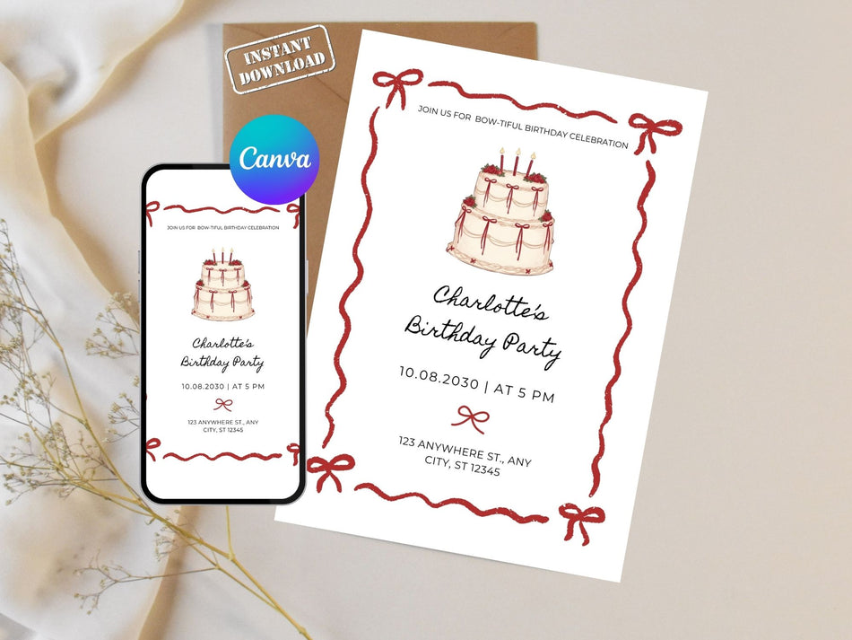 Birthday Party Invitation, Cake and Bow Design, Customizable Digital Invitation, Instant Download, Printable Invitation for Birthday Party A 1348