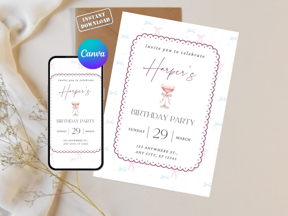 Birthday Party Invitation | Editable Invite | Instant Download | Elegant Pink and Blue | Canva | Customizable Birthday Invitation A 1352