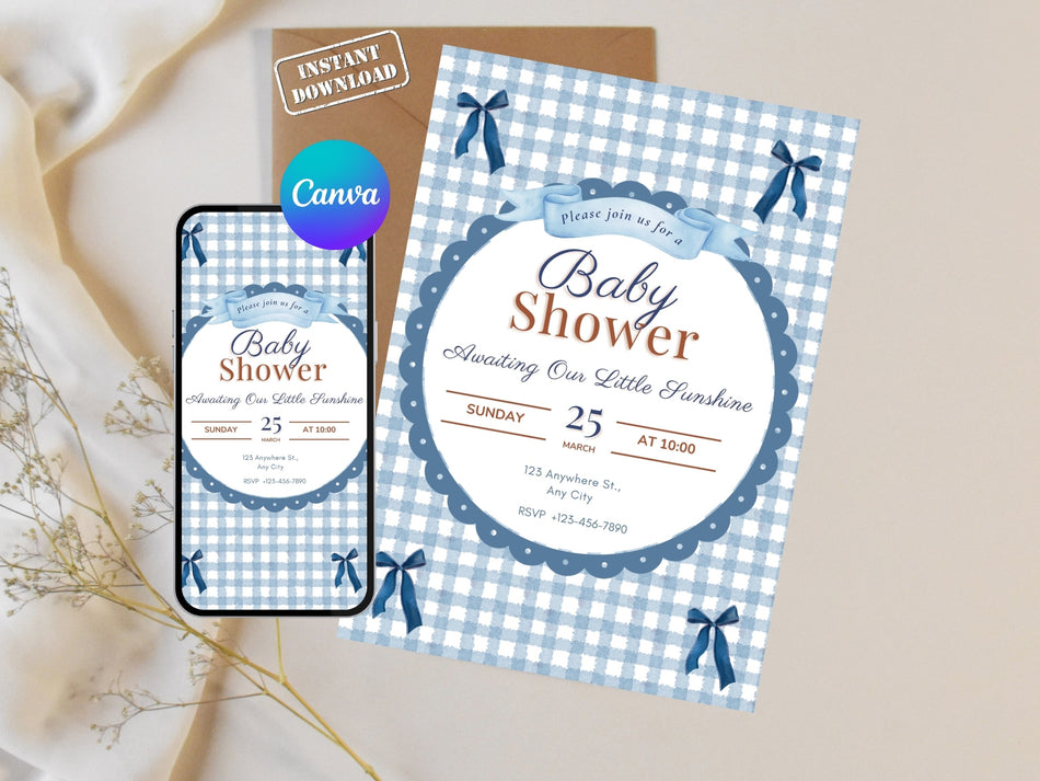 Blue Gingham Baby Shower Invitation Template Canva, Editable Baby Boy Shower Invite, Vintage Bow Baby Invite, Printable Digital Download A 1423