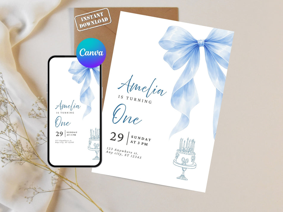 Blue Ribbon Birthday Invitation Editable Canva Template (Instant Download 5x7 and 1080x1920) A 1339