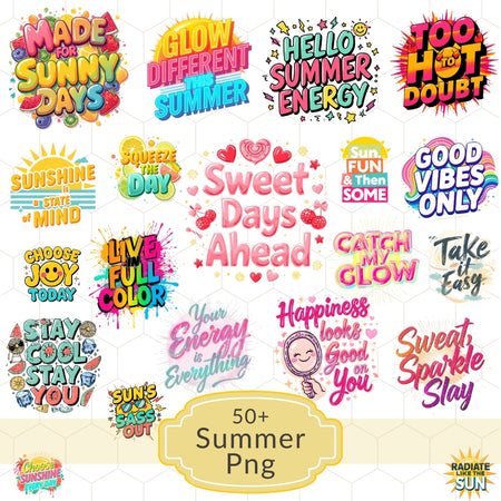 Collection of colorful summer-themed text graphics on a white background.