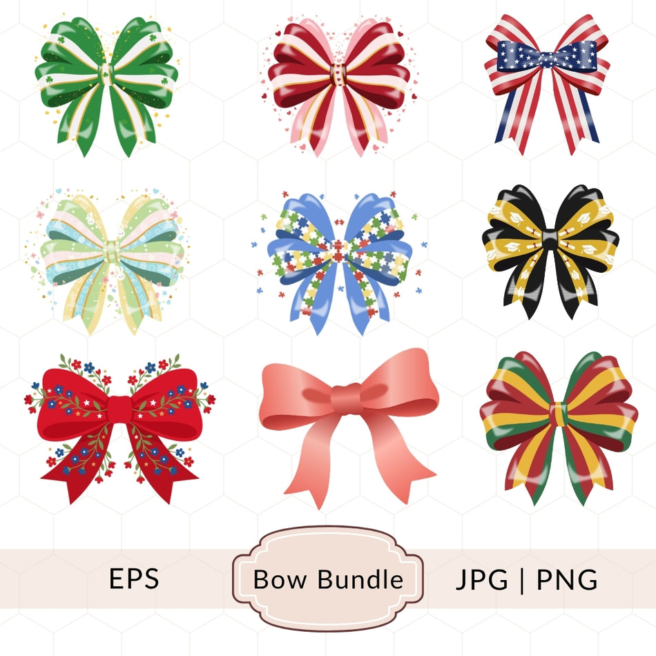 Bow Bundle, 9 Decorative Ribbon Graphics, Instant Download, JPG PNG EPS, Perfect for Gift Wrapping & Craft Projects A 1409