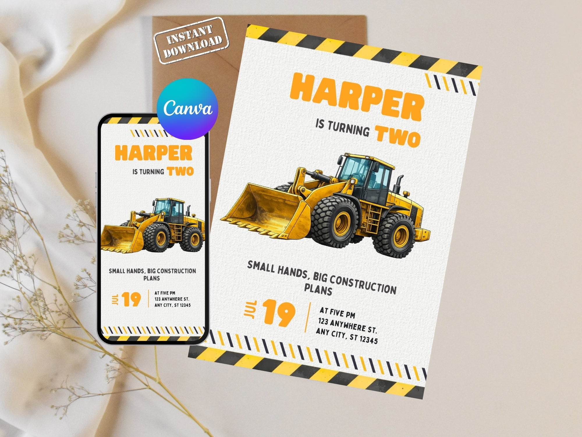 Construction-themed birthday invitation with bulldozer graphic and Canva logo.