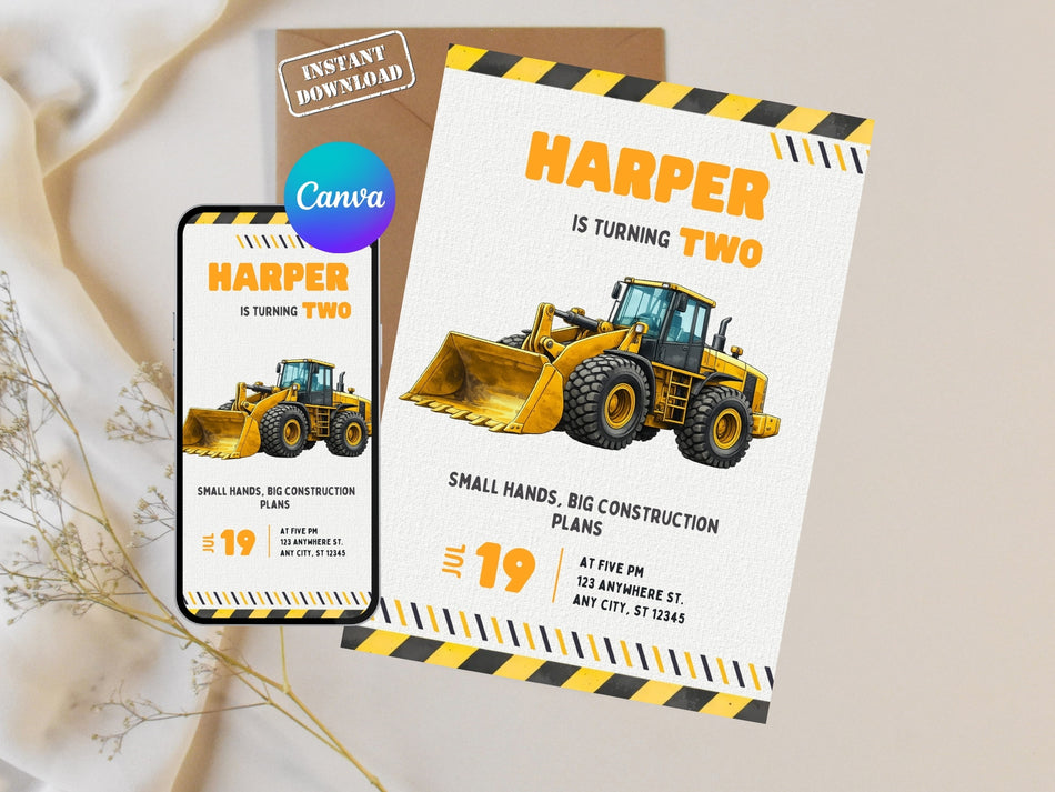 Bulldozer Birthday Invite, Construction Birthday Invitation Template, Boy 2nd Birthday Party, Editable Canva Invite, Truck Theme Card A 1306