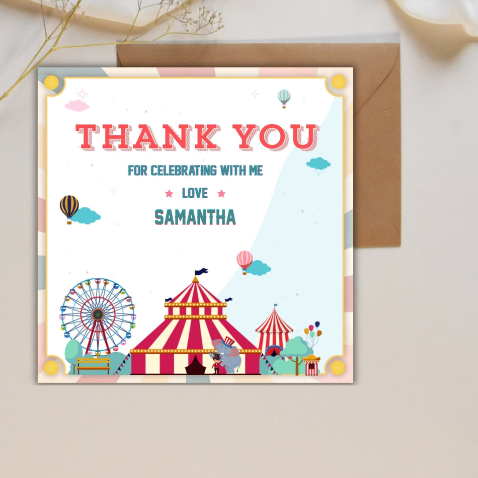 Editable Carnival Birthday Thank You Card Template, Circus Party Thank You, Kids Carnival Party Thank You Canva Template Instant Download A 1126