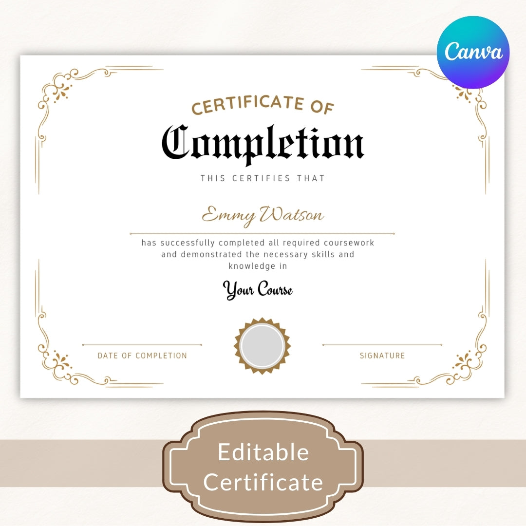 Editable certificate template with decorative elements and Canva branding.