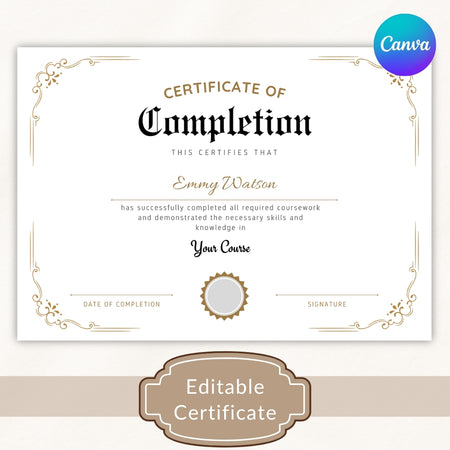 Editable certificate template with decorative elements and Canva branding.