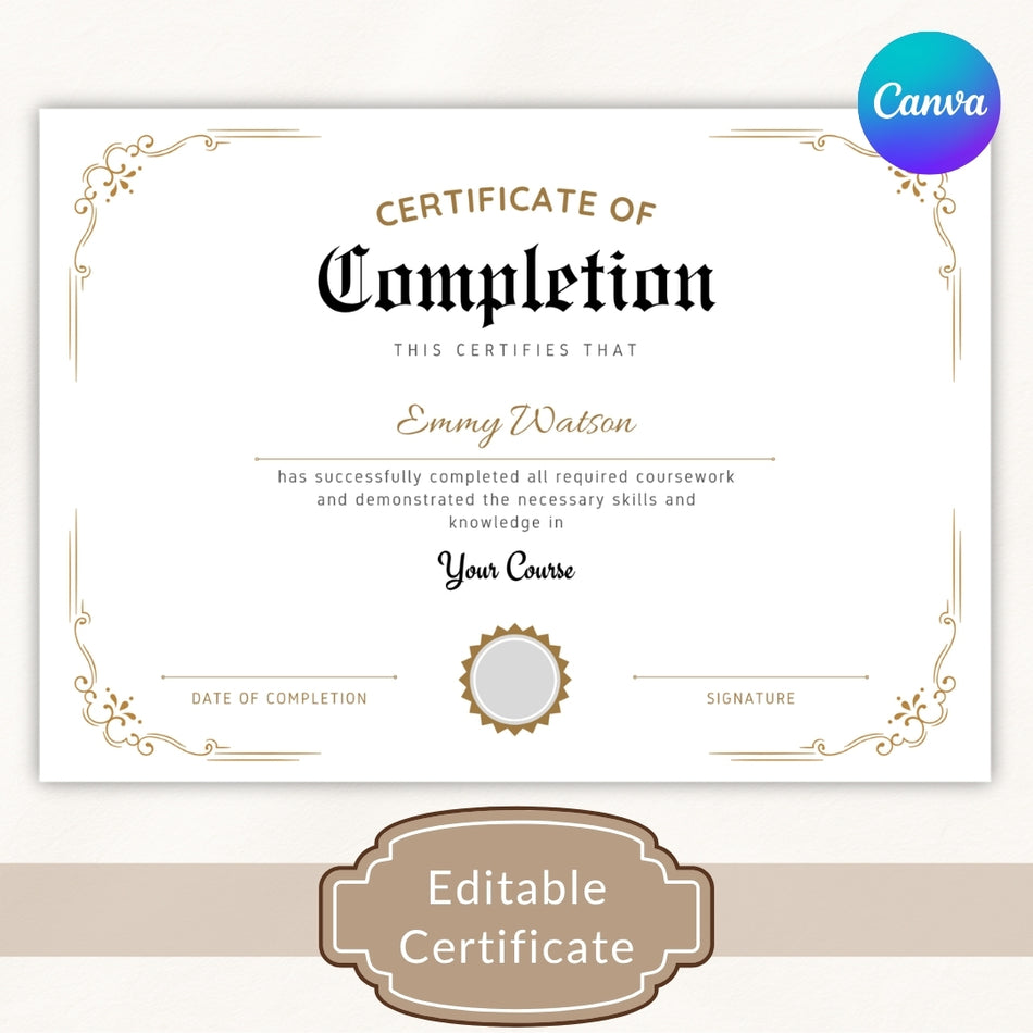 Certificate of Completion Template Canva Editable, Professional Diploma Design, Training Course Certificate, Instant Download A 1385