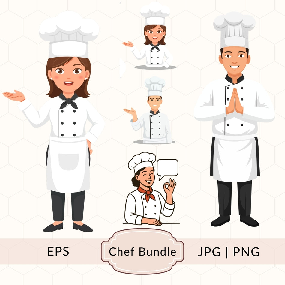 Chef Bundle, 6 Chef Character Illustrations, Instant Download, JPG PNG EPS, Perfect for Kitchen & Restaurant Designs A 1408