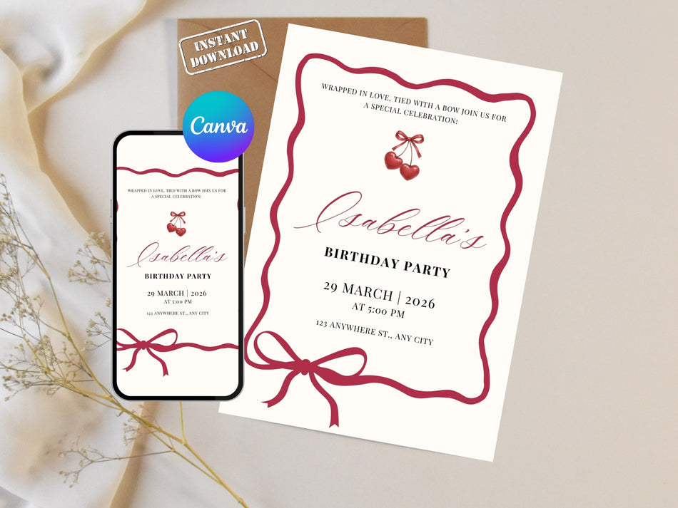 Cherry Birthday Invitation, Isabella's Birthday Party, Editable Canva Template, Instant Download, Party Invitation Design A 1350