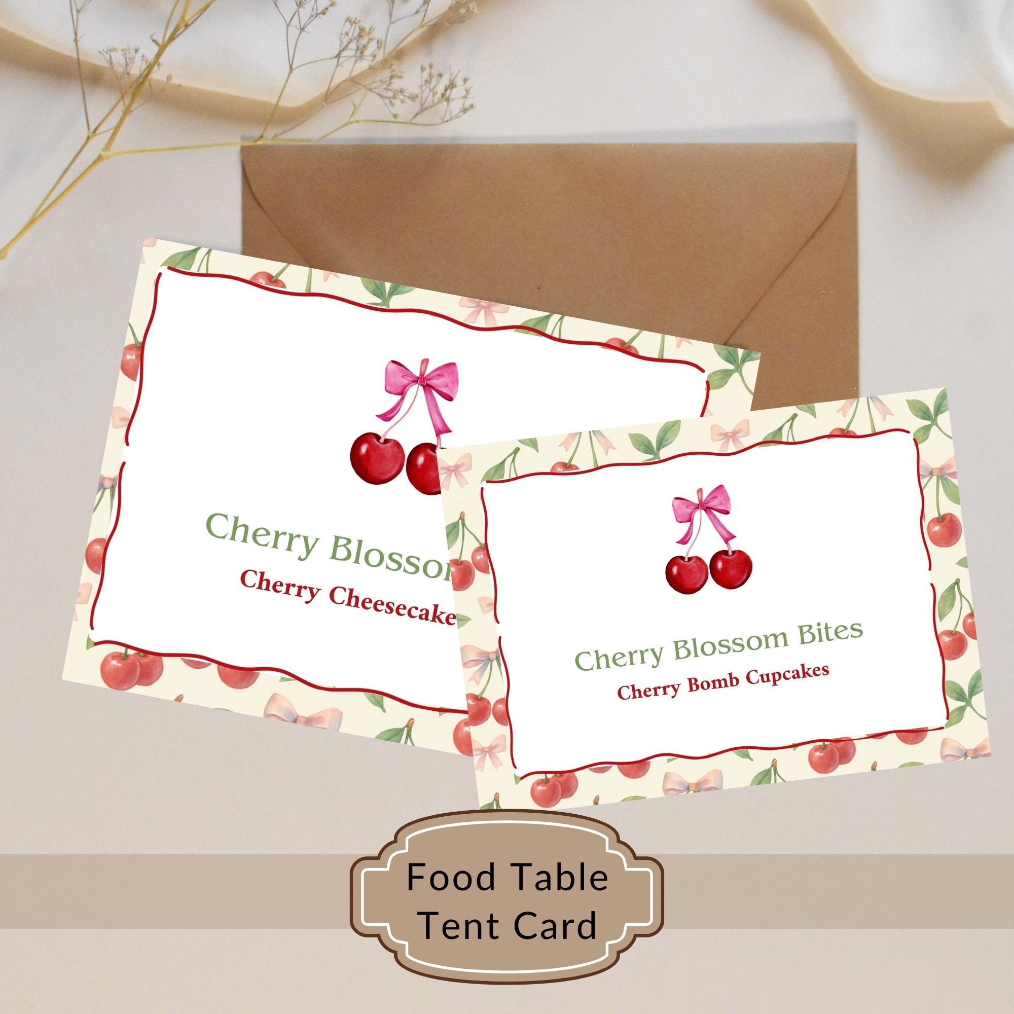 Two food table tent cards with cherry design on a neutral background